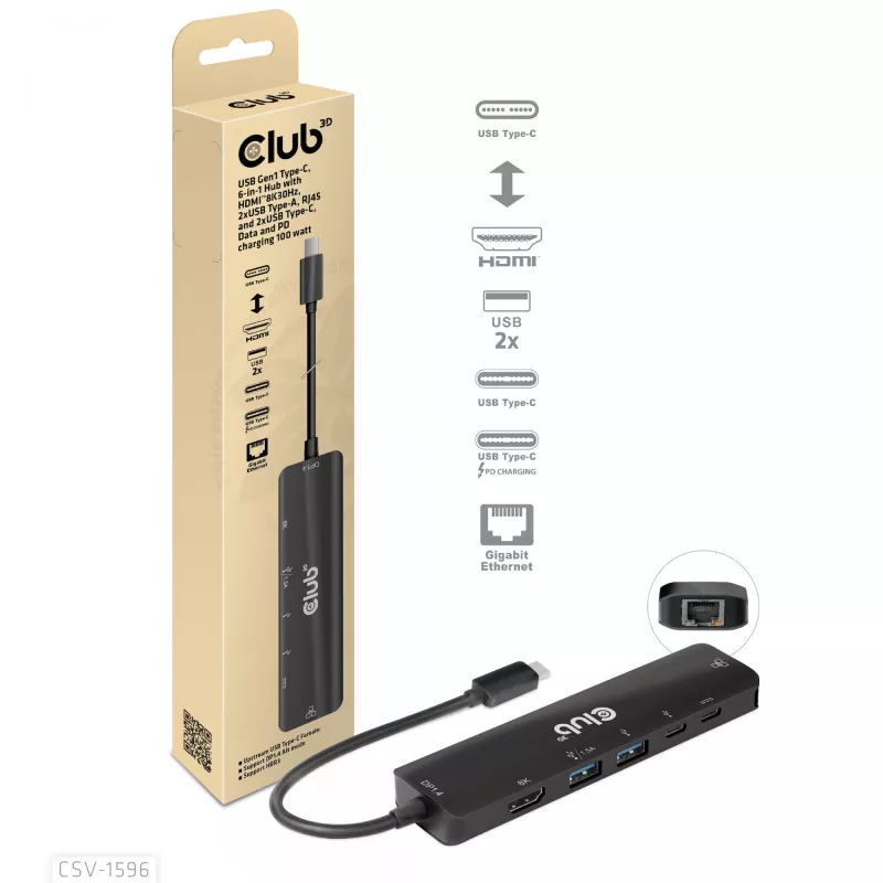 CLUB3D USB Gen1 Type-C, 6-in-1 Hub su HDMI 8K30Hz, 2xUSB Type-A, RJ45 ir 2xUSB Type-C, duomenims ir PD įkrovimui 100 W