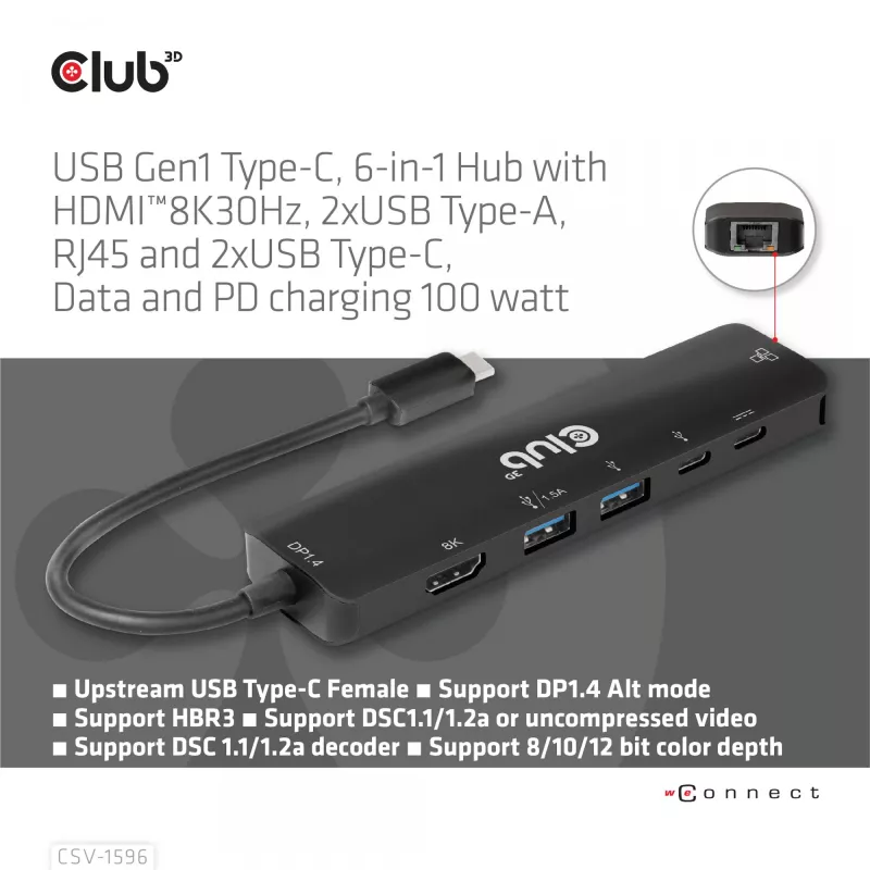 CLUB3D USB Gen1 Type-C, 6-in-1 Hub su HDMI 8K30Hz, 2xUSB Type-A, RJ45 ir 2xUSB Type-C, duomenims ir PD įkrovimui 100 W