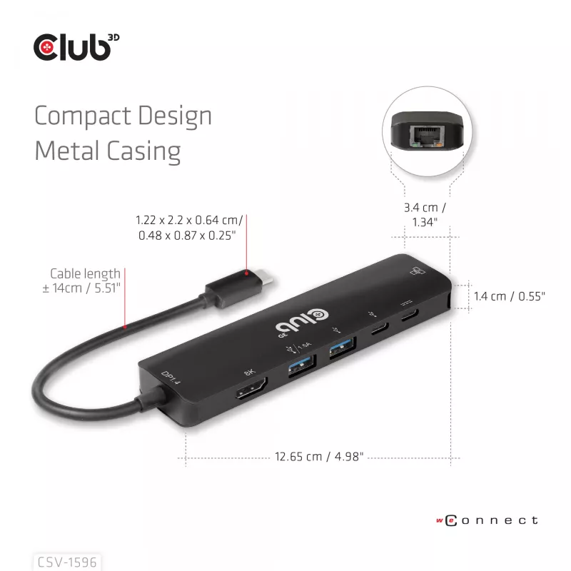CLUB3D USB Gen1 Type-C, 6-in-1 Hub su HDMI 8K30Hz, 2xUSB Type-A, RJ45 ir 2xUSB Type-C, duomenims ir PD įkrovimui 100 W