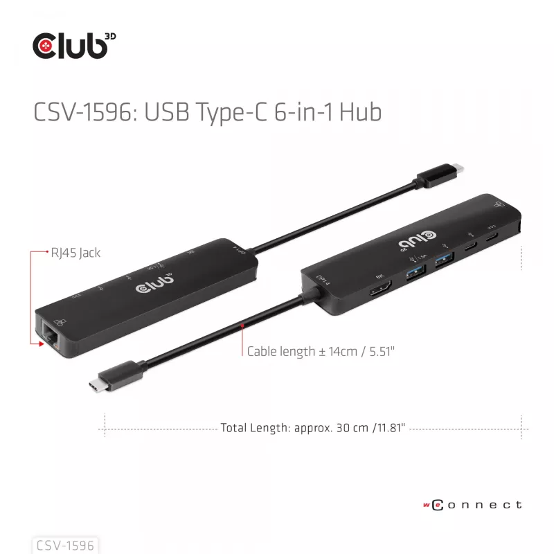 CLUB3D USB Gen1 Type-C, 6-in-1 Hub su HDMI 8K30Hz, 2xUSB Type-A, RJ45 ir 2xUSB Type-C, duomenims ir PD įkrovimui 100 W