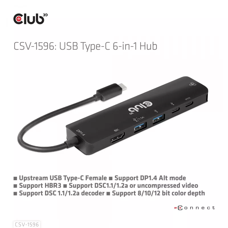 CLUB3D USB Gen1 Type-C, 6-in-1 Hub su HDMI 8K30Hz, 2xUSB Type-A, RJ45 ir 2xUSB Type-C, duomenims ir PD įkrovimui 100 W