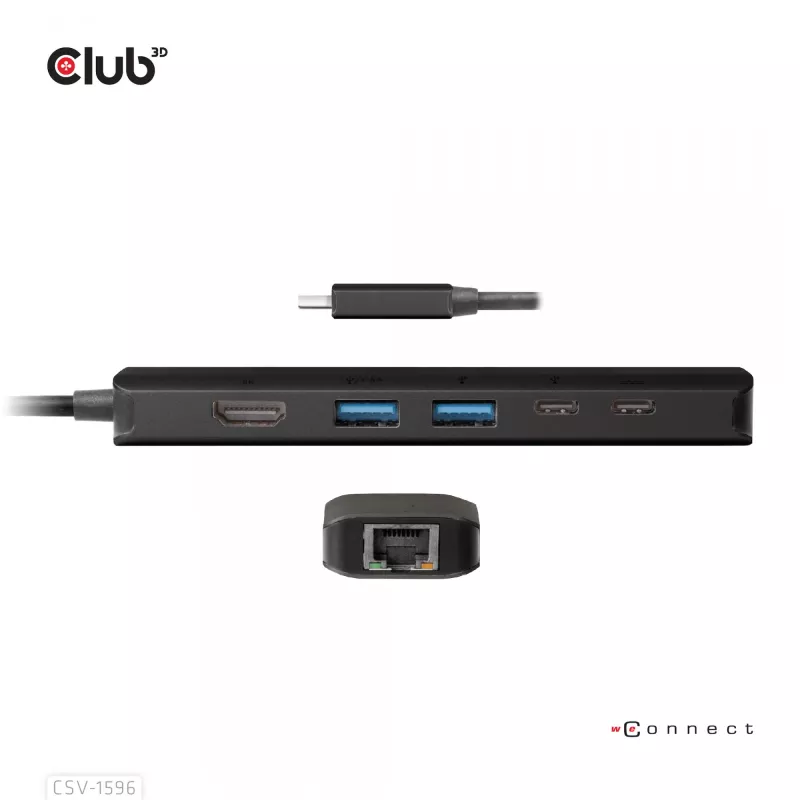 CLUB3D USB Gen1 Type-C, 6-in-1 Hub su HDMI 8K30Hz, 2xUSB Type-A, RJ45 ir 2xUSB Type-C, duomenims ir PD įkrovimui 100 W