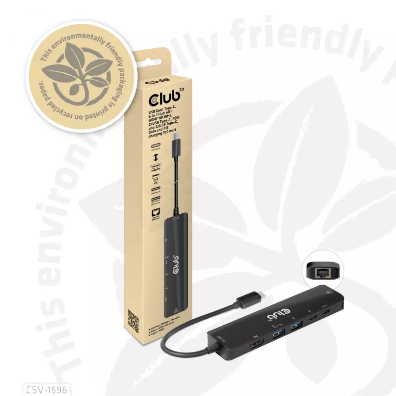 CLUB3D USB Gen1 Type-C, 6-in-1 Hub su HDMI 8K30Hz, 2xUSB Type-A, RJ45 ir 2xUSB Type-C, duomenims ir PD įkrovimui 100 W