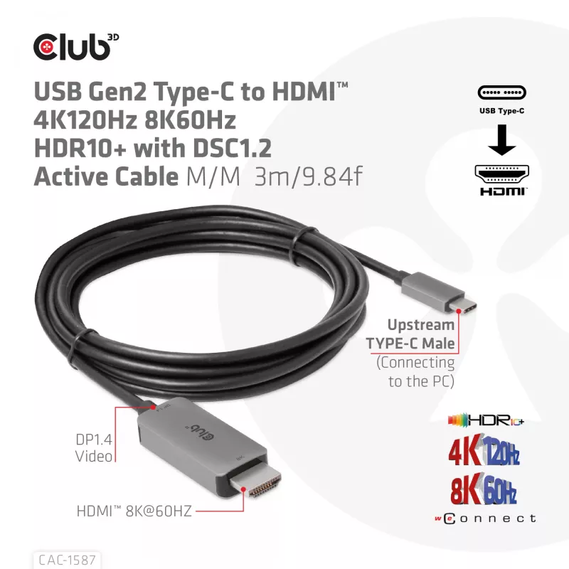 CLUB3D USB Gen2 Type-C į HDMI aktyvus kabelis 4K120Hz 8K60Hz HDR10 su DSC1.2, M/M 3m