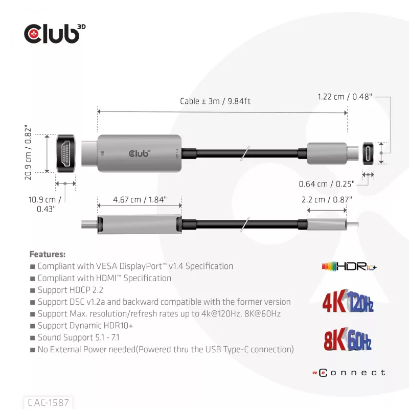 CLUB3D USB Gen2 Type-C į HDMI aktyvus kabelis 4K120Hz 8K60Hz HDR10 su DSC1.2, M/M 3m