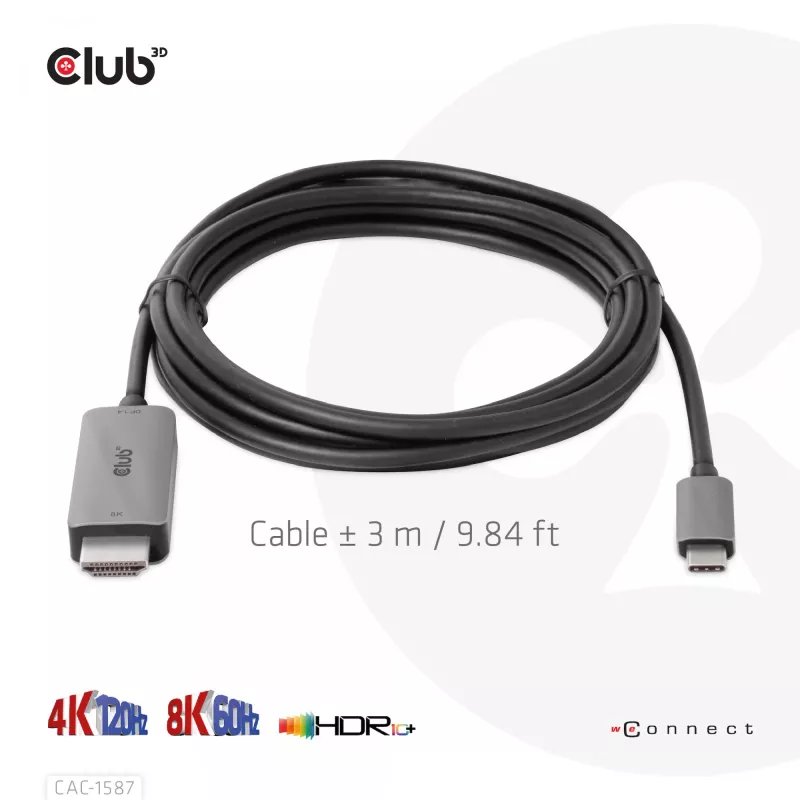 CLUB3D USB Gen2 Type-C į HDMI aktyvus kabelis 4K120Hz 8K60Hz HDR10 su DSC1.2, M/M 3m