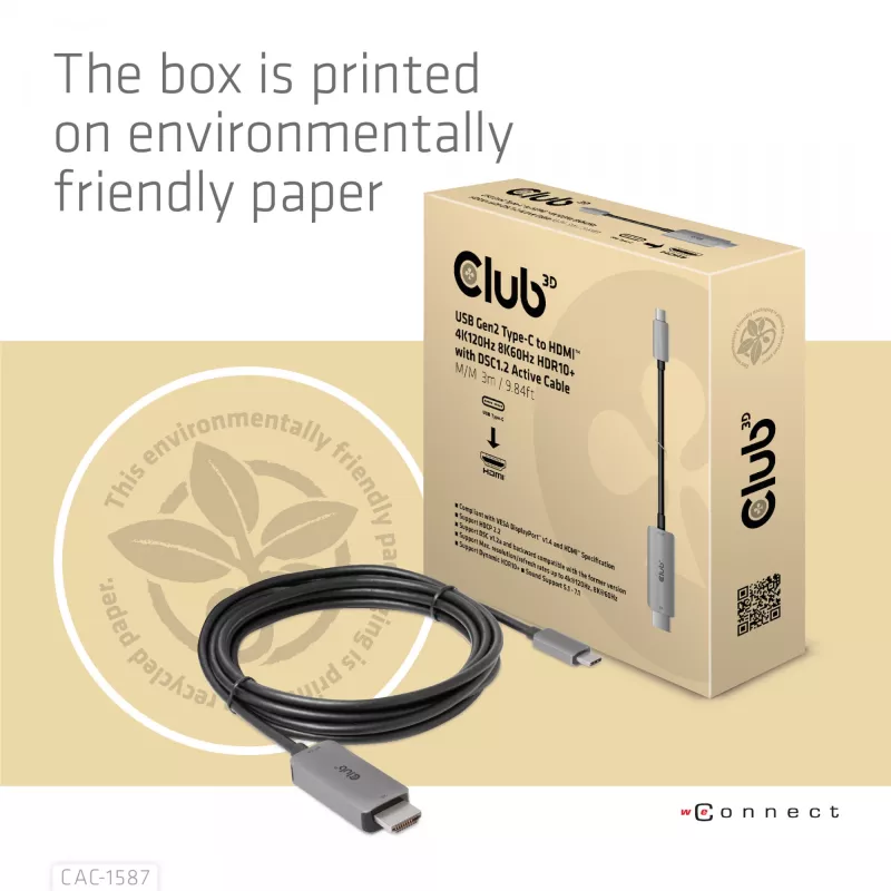 CLUB3D USB Gen2 Type-C į HDMI aktyvus kabelis 4K120Hz 8K60Hz HDR10 su DSC1.2, M/M 3m