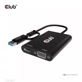 CLUB3D USB Gen1 Type-C/-A į Dual HDMI (4K/30Hz) / VGA (1080/60Hz) adapteris