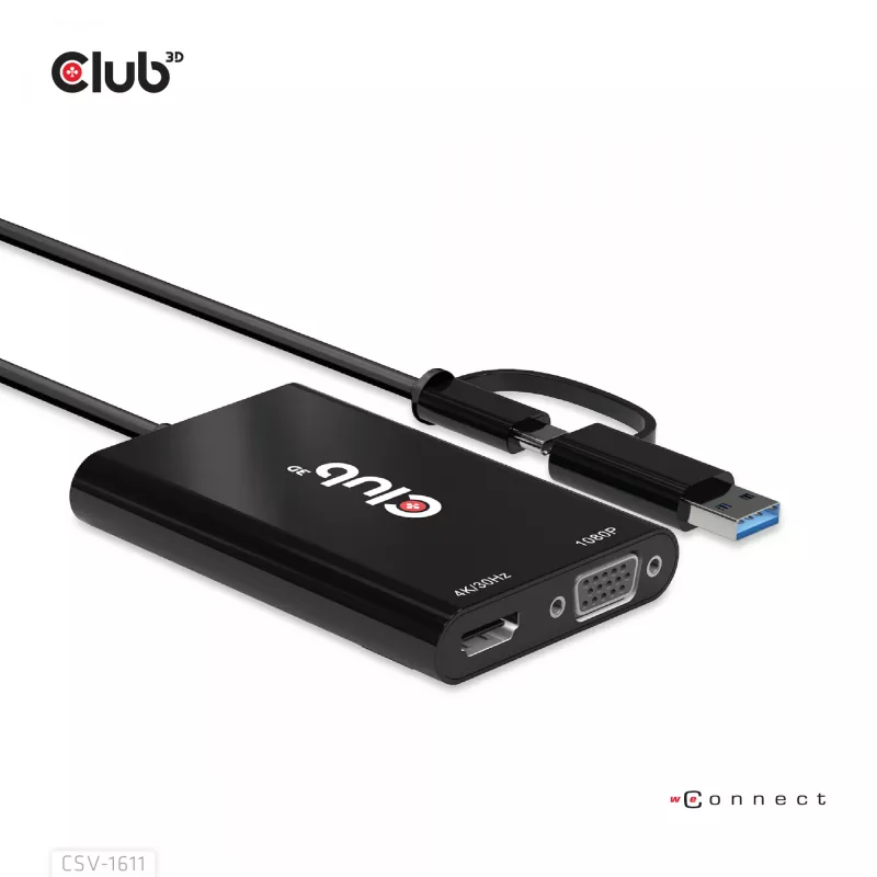 CLUB3D USB Gen1 Type-C/-A į Dual HDMI (4K/30Hz) / VGA (1080/60Hz) adapteris