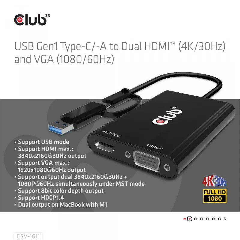 CLUB3D USB Gen1 Type-C/-A į Dual HDMI (4K/30Hz) / VGA (1080/60Hz) adapteris