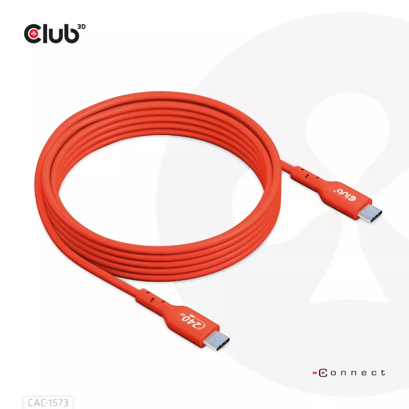 USB-C į USB-C dvipusis laidas CLUB3D CAC-1573, USB4 Gen 2x2, 2 m, raudonas, PD iki 240W