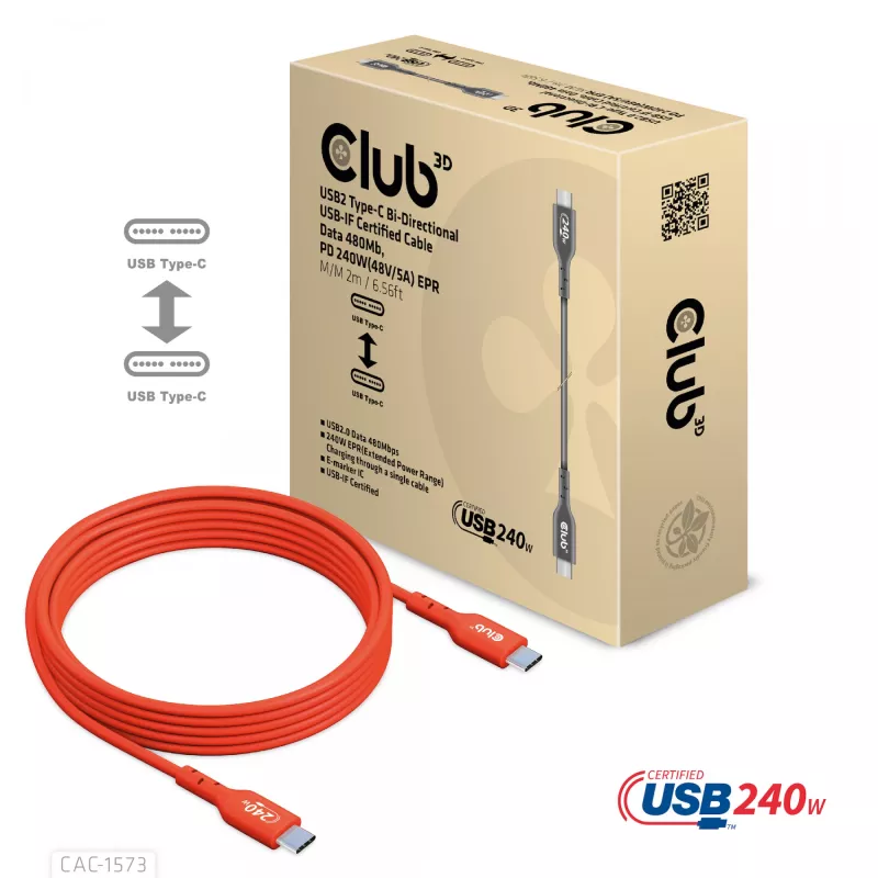 USB-C į USB-C dvipusis laidas CLUB3D CAC-1573, USB4 Gen 2x2, 2 m, raudonas, PD iki 240W