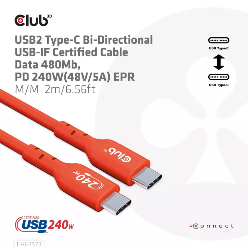 USB-C į USB-C dvipusis laidas CLUB3D CAC-1573, USB4 Gen 2x2, 2 m, raudonas, PD iki 240W