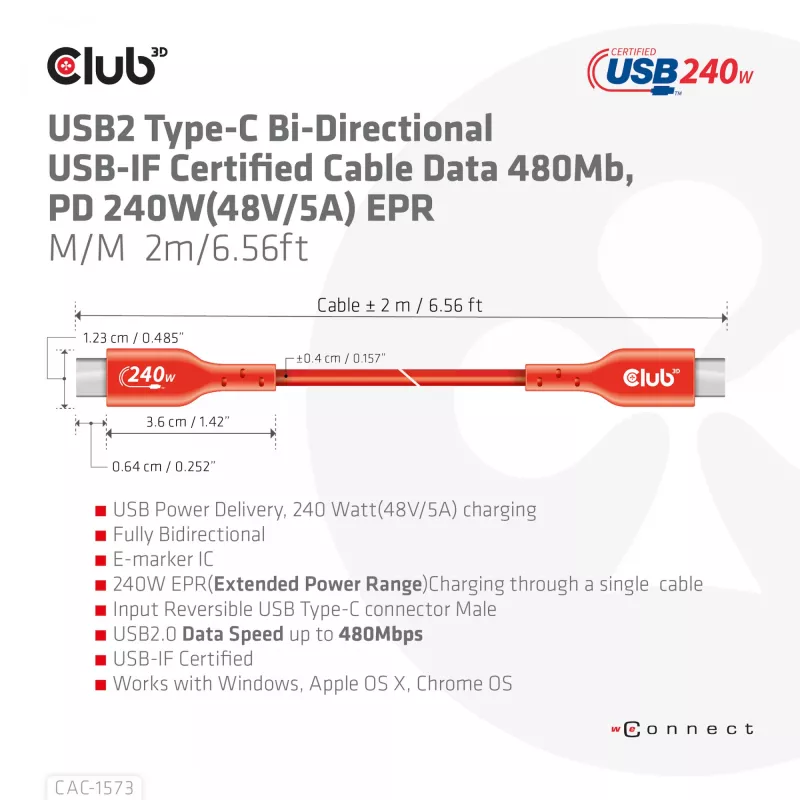 USB-C į USB-C dvipusis laidas CLUB3D CAC-1573, USB4 Gen 2x2, 2 m, raudonas, PD iki 240W