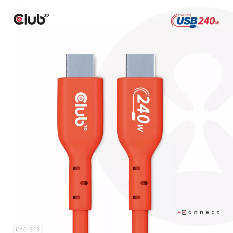 USB-C į USB-C dvipusis laidas CLUB3D CAC-1573, USB4 Gen 2x2, 2 m, raudonas, PD iki 240W