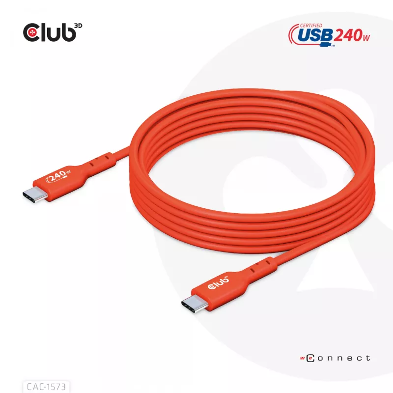 USB-C į USB-C dvipusis laidas CLUB3D CAC-1573, USB4 Gen 2x2, 2 m, raudonas, PD iki 240W