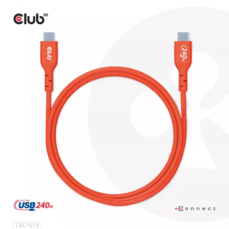 USB-C į USB-C dvipusis laidas CLUB3D CAC-1573, USB4 Gen 2x2, 2 m, raudonas, PD iki 240W