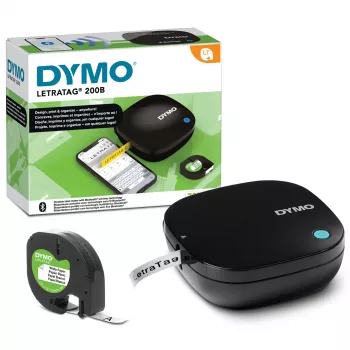 DYMO LetraTag 200B Bluetooth etikečių spausdintuvas | Kompaktiškas etikečių spausdintuvas | Jungiasi per Bluetooth belaidę technologiją prie iOS ir Android | Įskaitant 1 baltą popierinę etikečių juostą | Juoda