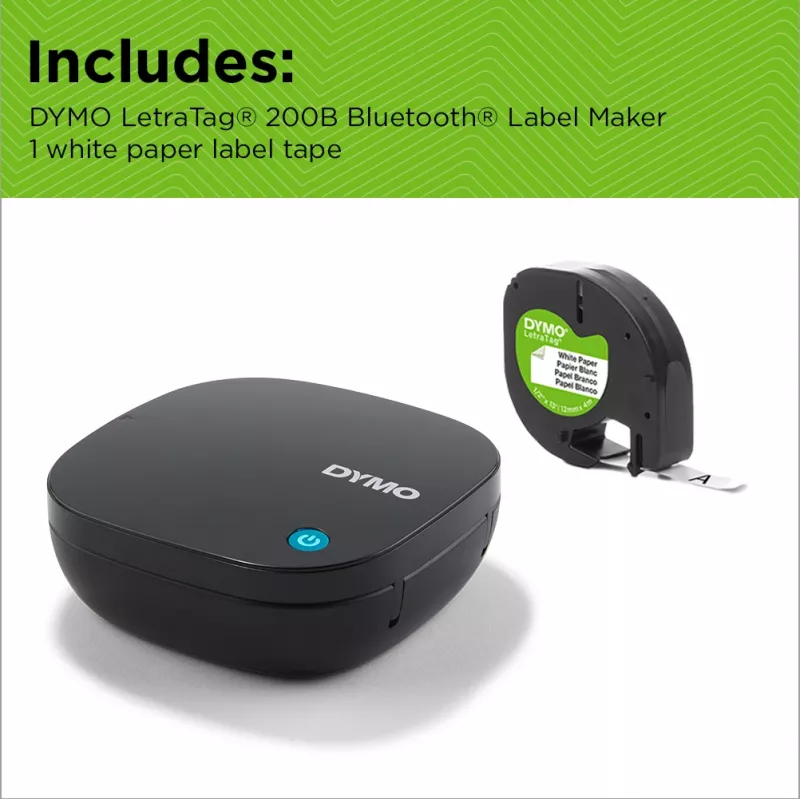 DYMO LetraTag 200B Bluetooth etikečių spausdintuvas | Kompaktiškas etikečių spausdintuvas | Jungiasi per Bluetooth belaidę technologiją prie iOS ir Android | Įskaitant 1 baltą popierinę etikečių juostą | Juoda
