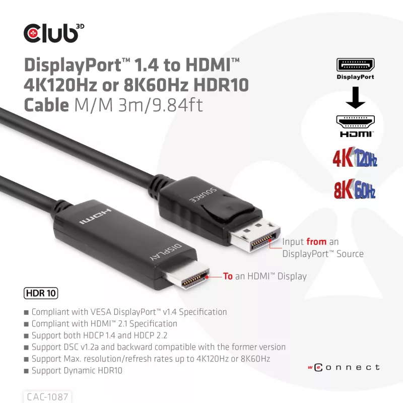 CLUB3D DisplayPort 1.4 į HDMI 4K120Hz arba 8K60Hz HDR10 kabelis M/M 3m/9.84ft