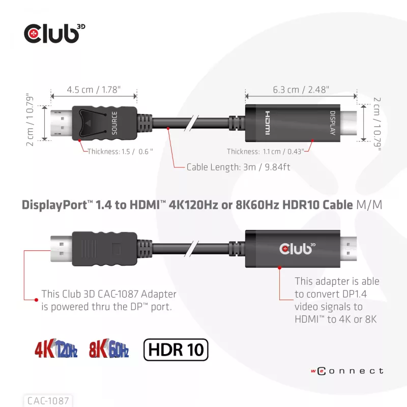 CLUB3D DisplayPort 1.4 į HDMI 4K120Hz arba 8K60Hz HDR10 kabelis M/M 3m/9.84ft