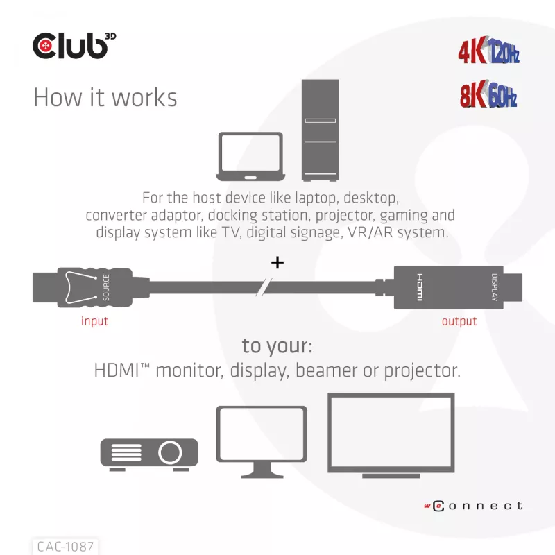 CLUB3D DisplayPort 1.4 į HDMI 4K120Hz arba 8K60Hz HDR10 kabelis M/M 3m/9.84ft