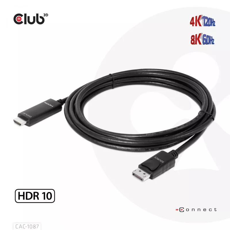 CLUB3D DisplayPort 1.4 į HDMI 4K120Hz arba 8K60Hz HDR10 kabelis M/M 3m/9.84ft
