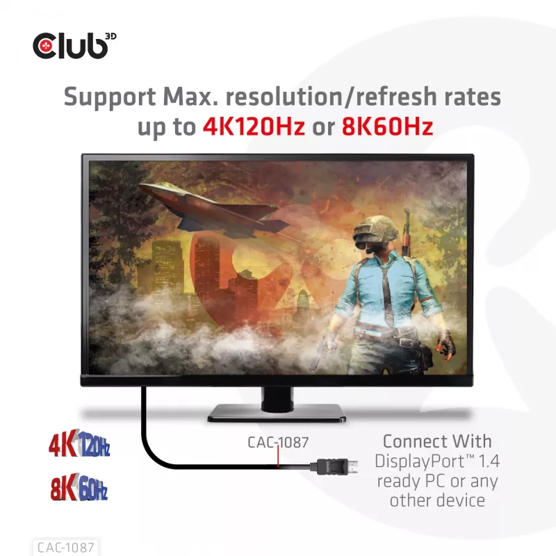 CLUB3D DisplayPort 1.4 į HDMI 4K120Hz arba 8K60Hz HDR10 kabelis M/M 3m/9.84ft