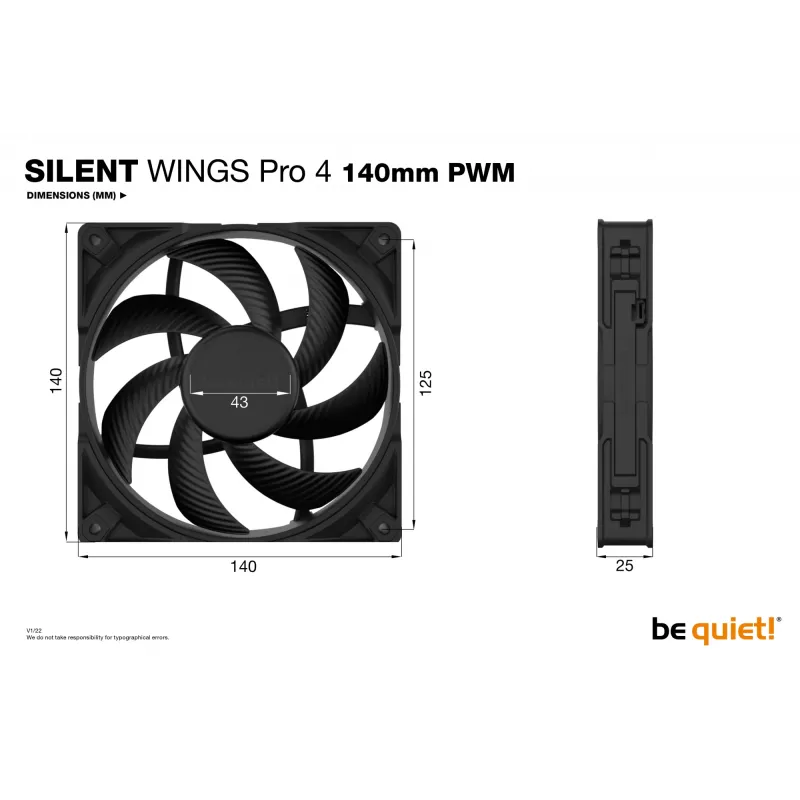 be quiet! SILENT WINGS PRO 4 140mm PWM ventiliatorius kompiuterio korpusui, juodas, 1 vnt.