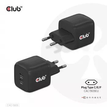 CLUB3D CAC-1909 kelioninis įkroviklis 45W GaN, dvigubas USB Type-C, PD 3.0 PPS