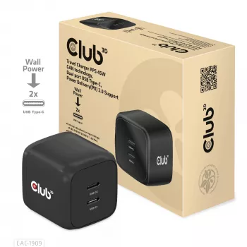 CLUB3D CAC-1909 kelioninis įkroviklis 45W GaN, dvigubas USB Type-C, PD 3.0 PPS