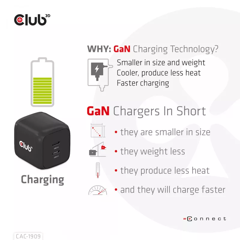 CLUB3D CAC-1909 kelioninis įkroviklis 45W GaN, dvigubas USB Type-C, PD 3.0 PPS
