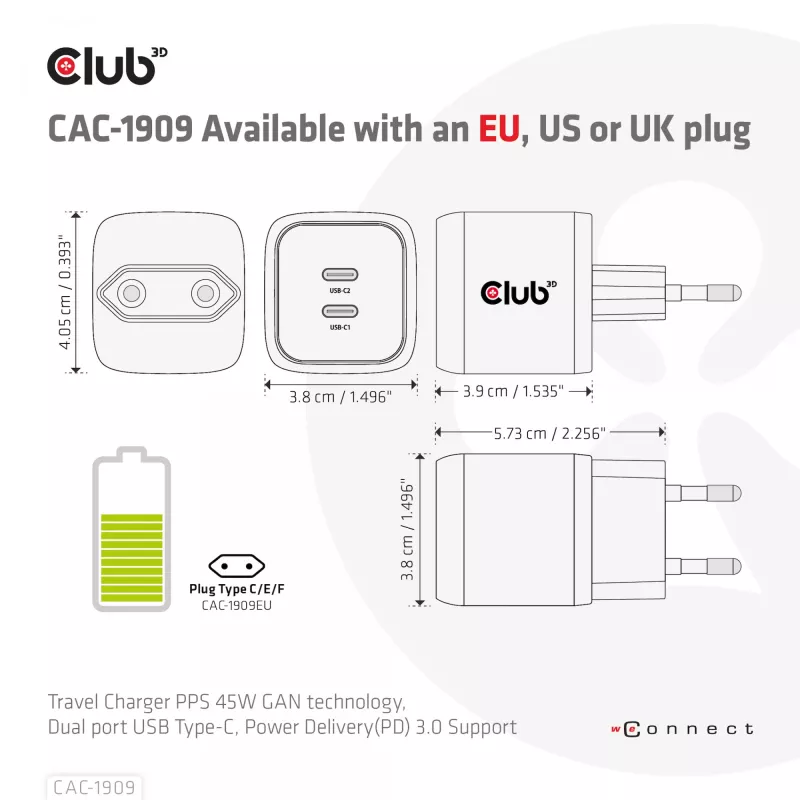 CLUB3D CAC-1909 kelioninis įkroviklis 45W GaN, dvigubas USB Type-C, PD 3.0 PPS