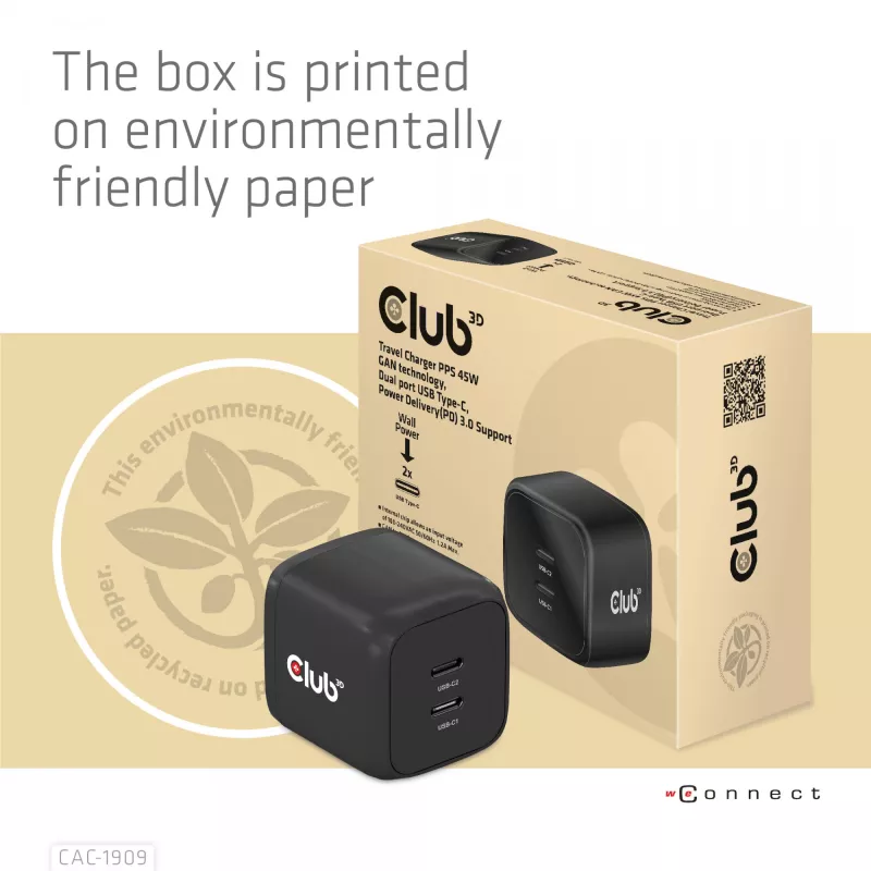 CLUB3D CAC-1909 kelioninis įkroviklis 45W GaN, dvigubas USB Type-C, PD 3.0 PPS