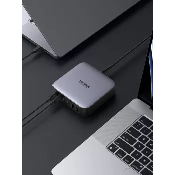 Ugreen 40914 Nexode 200W GaN stalinis USB-C USB-A įkroviklis, vidaus, AC, 21 V, 5 A, 2 m, juoda, pilka