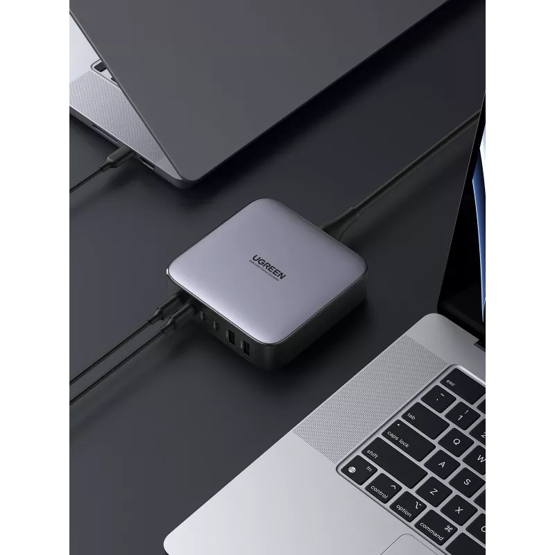 Ugreen 40914 Nexode 200W GaN stalinis USB-C USB-A įkroviklis, vidaus, AC, 21 V, 5 A, 2 m, juoda, pilka