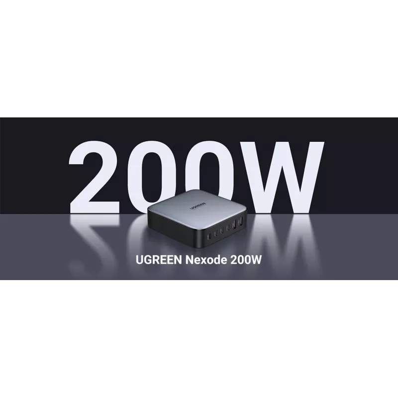 Ugreen 40914 Nexode 200W GaN stalinis USB-C USB-A įkroviklis, vidaus, AC, 21 V, 5 A, 2 m, juoda, pilka