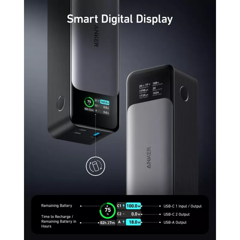 Nešiojamas įkroviklis Anker 737 (A1289011) – 24000 mAh, 140 W, 2× USB-C + 1× USB-A, sidabrinis/juodas