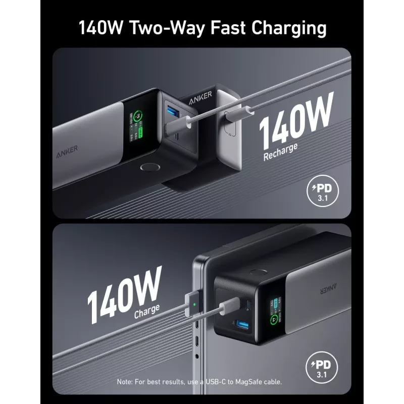 Nešiojamas įkroviklis Anker 737 (A1289011) – 24000 mAh, 140 W, 2× USB-C + 1× USB-A, sidabrinis/juodas