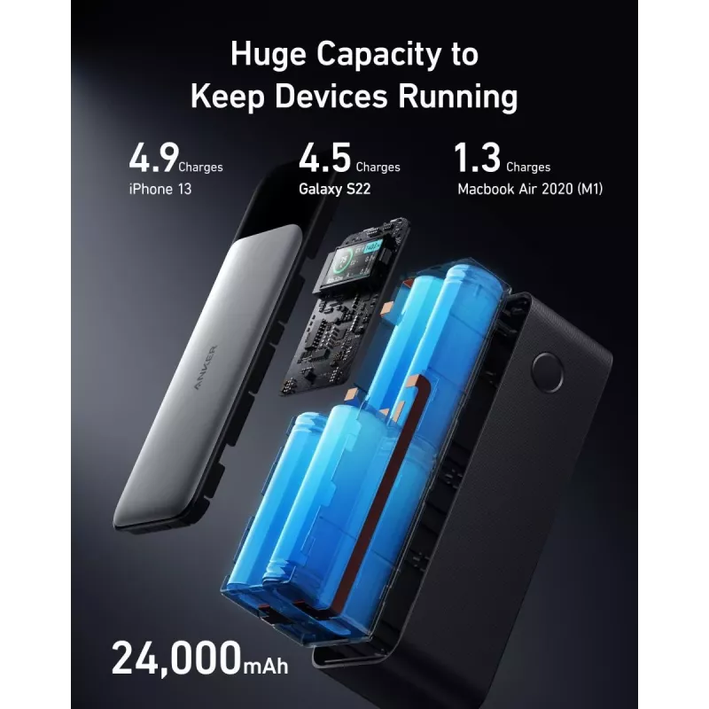 Nešiojamas įkroviklis Anker 737 (A1289011) – 24000 mAh, 140 W, 2× USB-C + 1× USB-A, sidabrinis/juodas