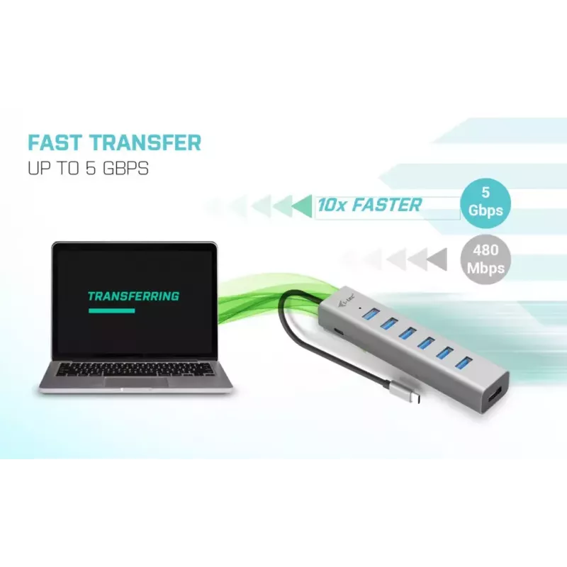 i-tec USB-C įkrovimo metalinis HUB 7 prievadų USB 3.2 Gen 1 Type-C Type-A