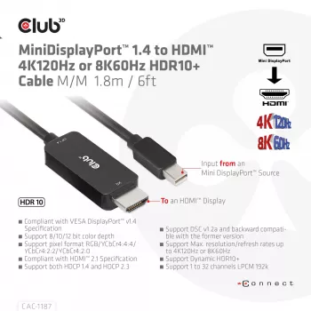 CLUB3D MiniDisplayPort 1.4 į HDMI 4K120Hz arba 8K60Hz HDR10+ kabelis M/M 1,8m