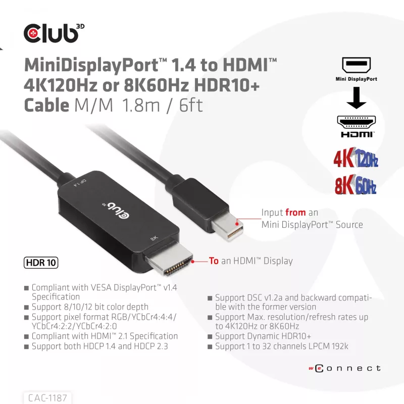 CLUB3D MiniDisplayPort 1.4 į HDMI 4K120Hz arba 8K60Hz HDR10+ kabelis M/M 1,8m