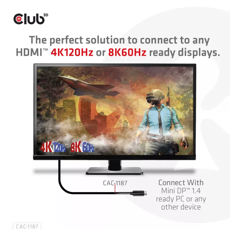 CLUB3D MiniDisplayPort 1.4 į HDMI 4K120Hz arba 8K60Hz HDR10+ kabelis M/M 1,8m