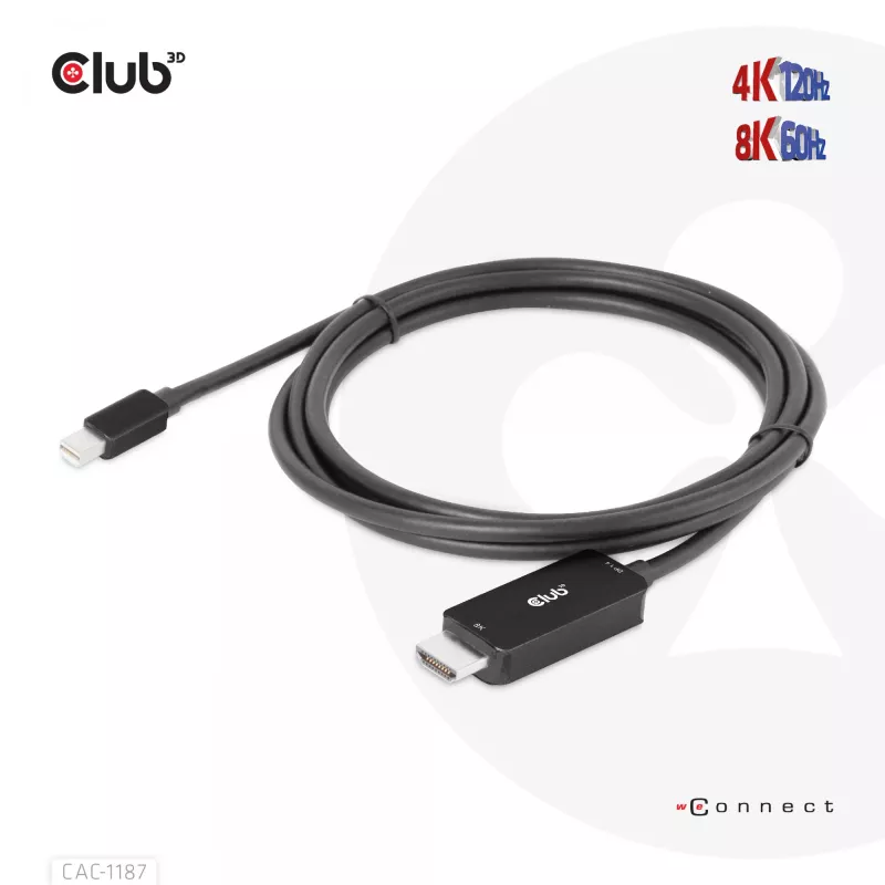 CLUB3D MiniDisplayPort 1.4 į HDMI 4K120Hz arba 8K60Hz HDR10+ kabelis M/M 1,8m