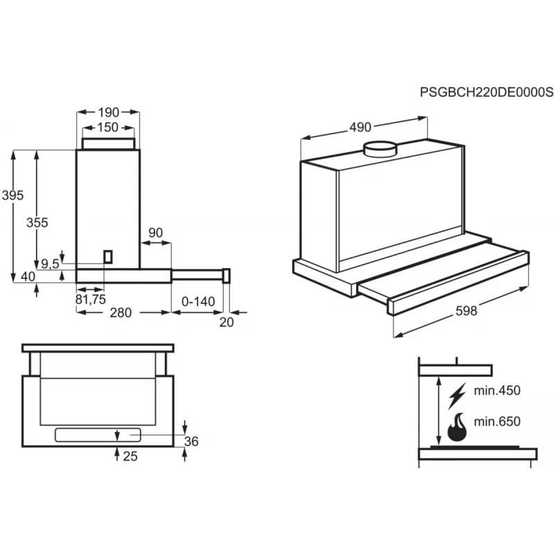 Įmontuojamas gartraukis Electrolux LFP616X, 598 mm plotis, 600 m³/h, pilkas, riebalų filtras, 68 dB