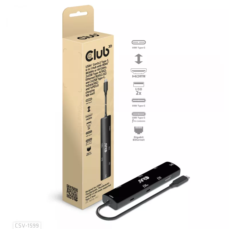 CLUB3D USB4™ Gen3x2 Type-C 6-in-1 Hub su HDMI™ 8K60Hz arba 4K120Hz, 2xUSB Type-A 10G, Ethernet RJ45 2.5G ir 2xUSB Type-C (1x Data 10G, 1x PD3.0 100W įkrovimas)