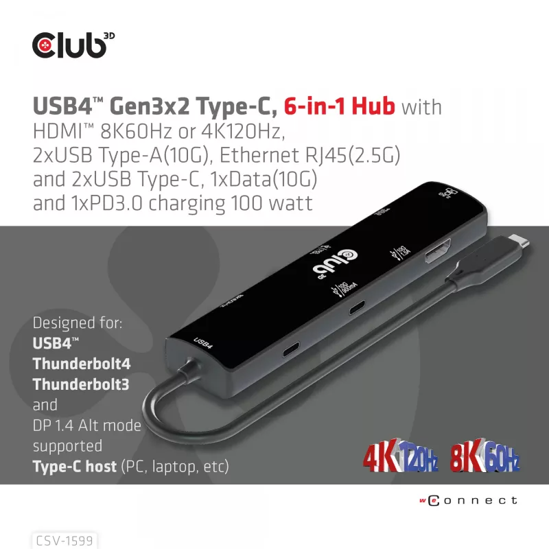 CLUB3D USB4™ Gen3x2 Type-C 6-in-1 Hub su HDMI™ 8K60Hz arba 4K120Hz, 2xUSB Type-A 10G, Ethernet RJ45 2.5G ir 2xUSB Type-C (1x Data 10G, 1x PD3.0 100W įkrovimas)
