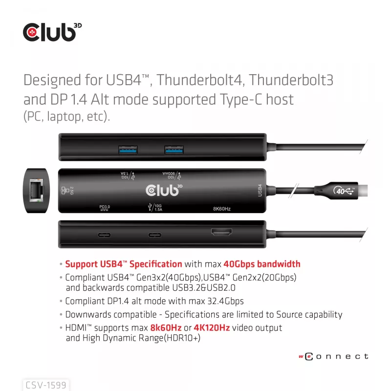 CLUB3D USB4™ Gen3x2 Type-C 6-in-1 Hub su HDMI™ 8K60Hz arba 4K120Hz, 2xUSB Type-A 10G, Ethernet RJ45 2.5G ir 2xUSB Type-C (1x Data 10G, 1x PD3.0 100W įkrovimas)
