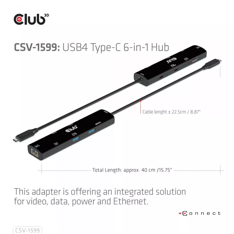 CLUB3D USB4™ Gen3x2 Type-C 6-in-1 Hub su HDMI™ 8K60Hz arba 4K120Hz, 2xUSB Type-A 10G, Ethernet RJ45 2.5G ir 2xUSB Type-C (1x Data 10G, 1x PD3.0 100W įkrovimas)